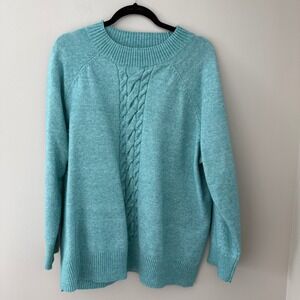 Talbots Plus Size 2X Teal Blue Cable Knit Sweater Long Sleeve Crew Neck